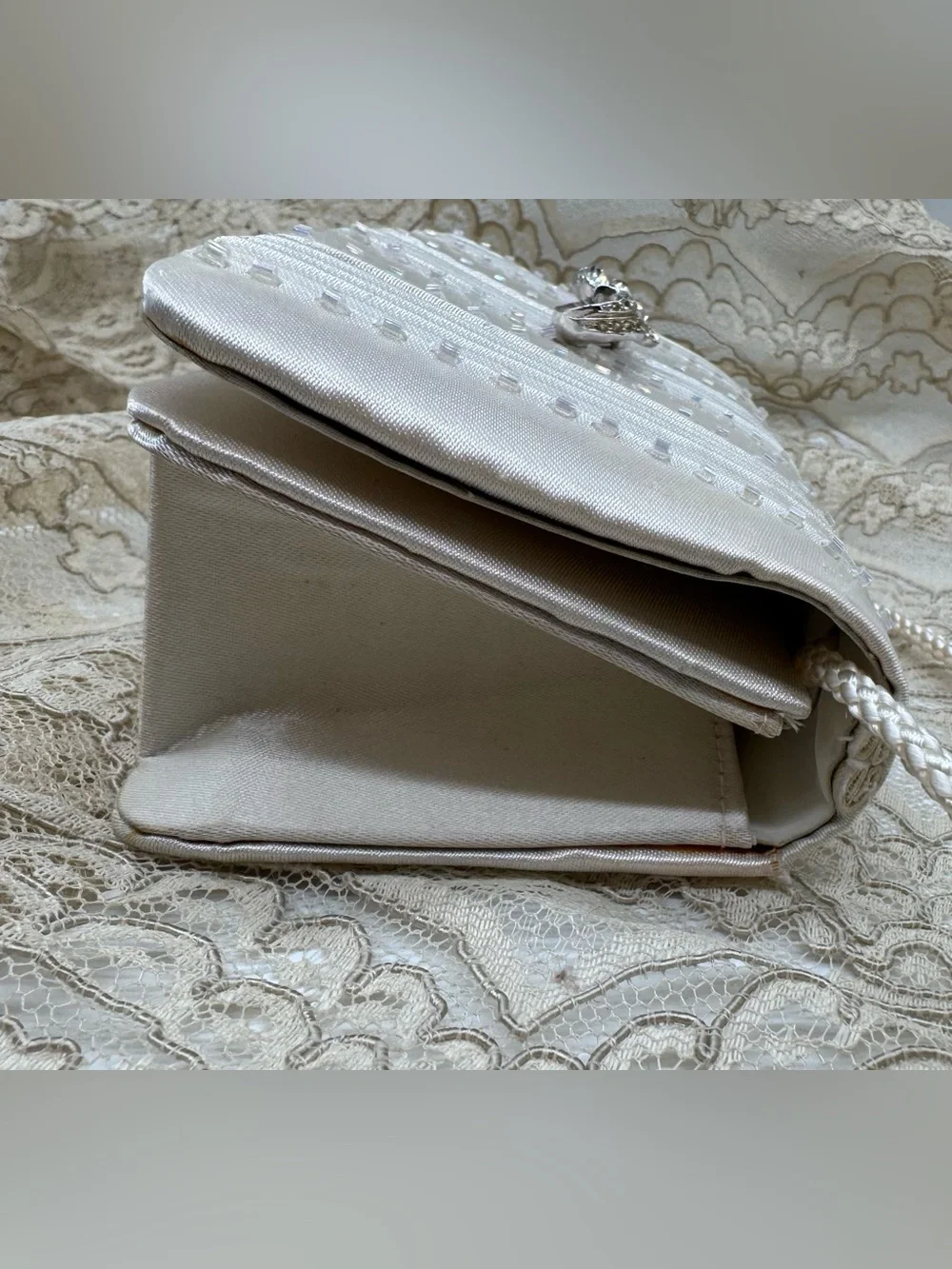 Vintage Gunne Sax Ivory Satin Beaded Mini Clutch Bridal Romantic Evening Bag